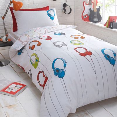 Kids' white 'Headphones' reversible duvet cover and pillow case set